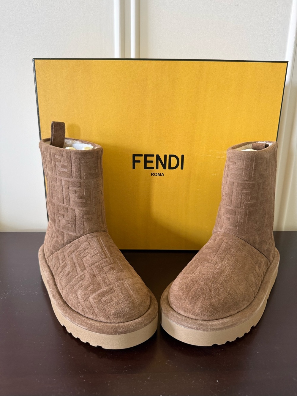 Fendi Brown Suede FF-Embossed Platform Ankle Boots